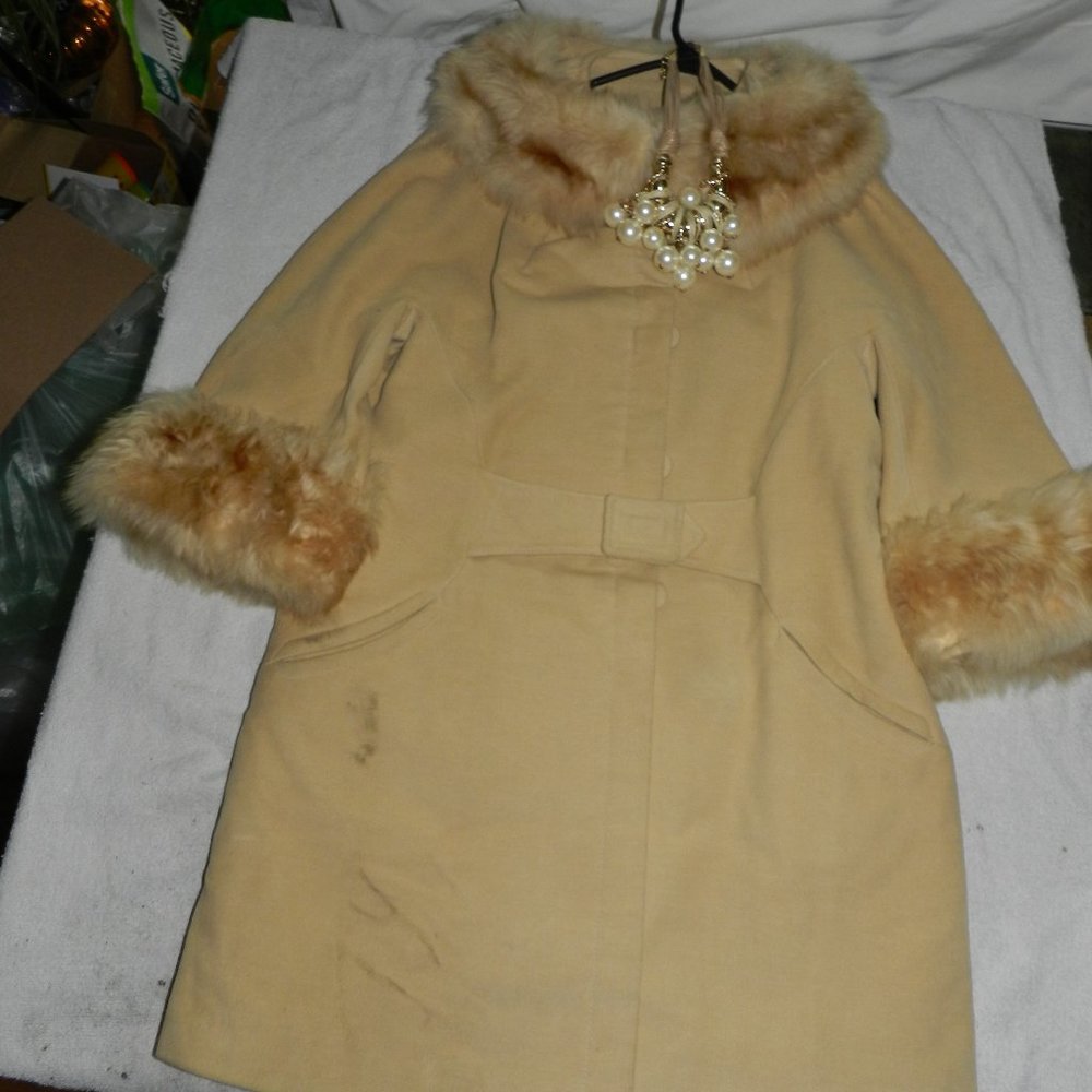 Vtg Country Pacer Wool Long Belted Shearling Fur Collar Women's Coat Sz L